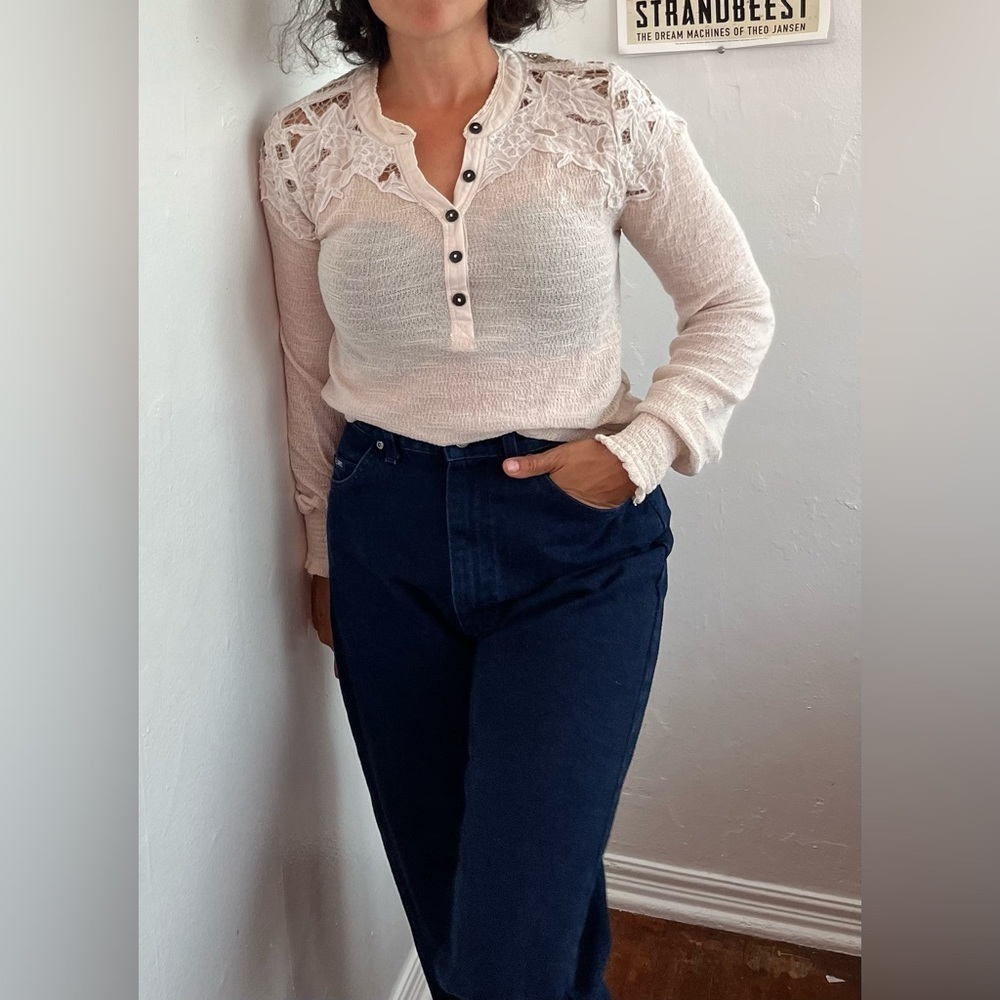RARE Free People Embroidered Lace Long Sleeve Blouse